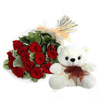 12 Red Roses with Teddy bear